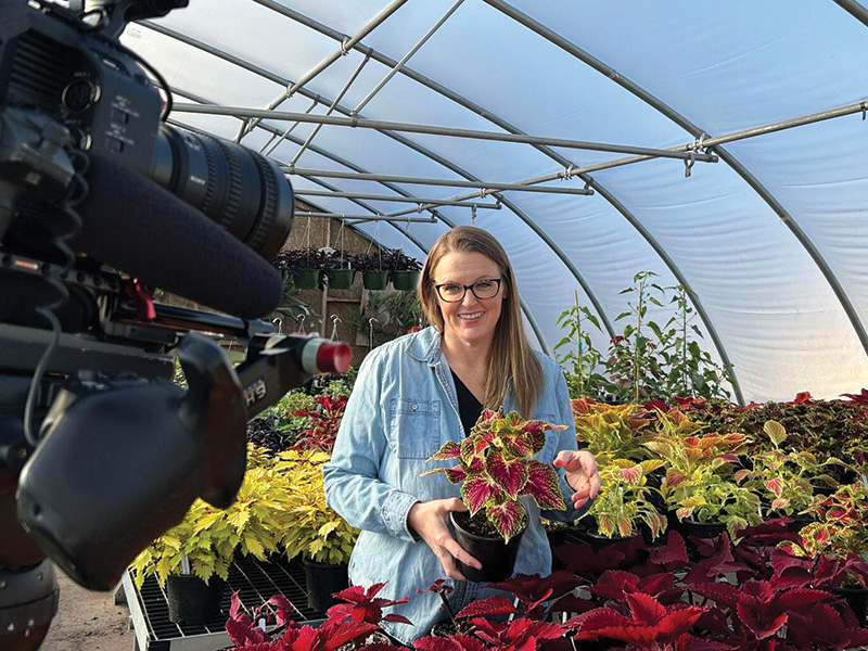 A woman is standing inside a greenhouse, holding a potted plant with colorful leaves. The greenhouse is filled with various plants, and she appears to be explaining or showcasing the plant. There is a professional video camera in the foreground, suggesting that this scene might be part of a video recording or an interview about gardening or horticulture.