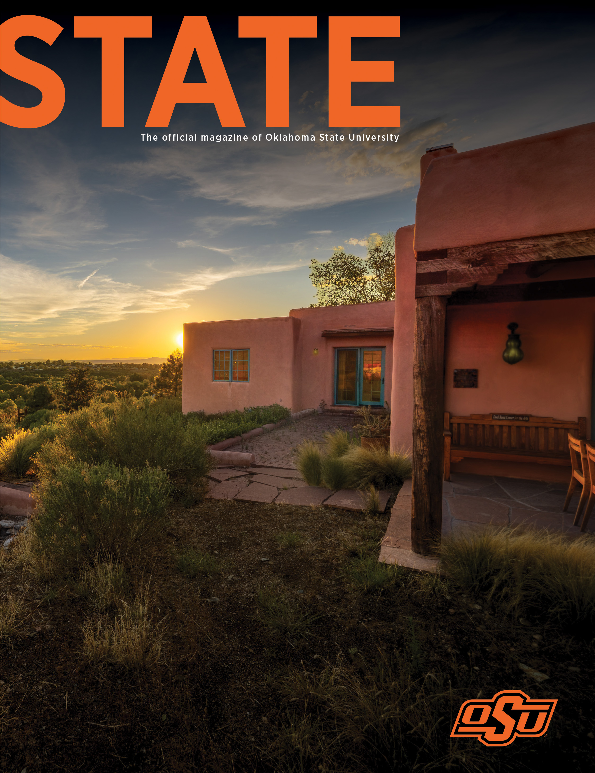 The Fall 2026 cover of STATE magazine features a Southwestern adobe-style building and desert landscape illuminated by a sunset, with the Oklahoma State University logo displayed in the lower corner.