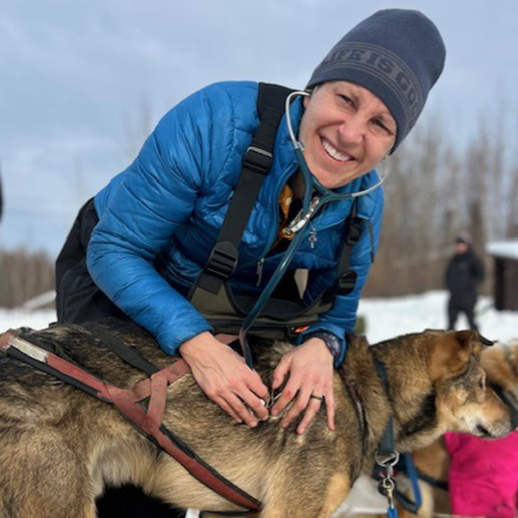 A person wearing a blue insulated jacket and a gray beanie is outdoors in a snowy setting, using a stethoscope to examine a brown sled dog in harness. Another dog is partially visible nearby, and trees and snow-covered ground are in the background.