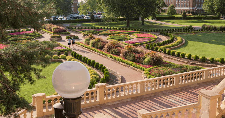 Formal gardens outside of the Student Union