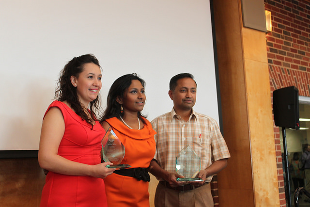 The OSU Graduate College honoring the 2014 Phoenix Award winners on Wednesday, April 9. Outstanding Graduate Master's Student Gabriela Orquera (left) and Outstanding Graduate Faculty Member Sundararajan Madihally (right) are pictured with Cynthia Dobbs (center), the chairwoman of the Phoenix Award Committee. The Outstanding Graduate Doctoral Student Daniel Asamoah is not pictured.