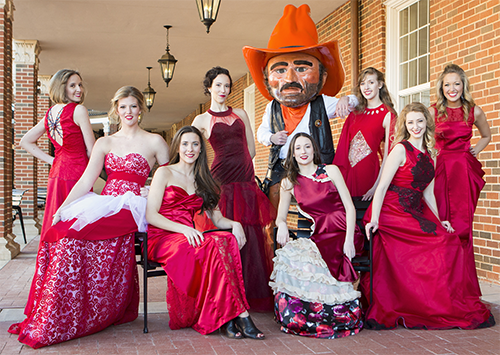 Pistol Pete is proud of Oklahoma State University apparel design students who created red dresses for National Wear Red Day to focus attention on women’s heart health.