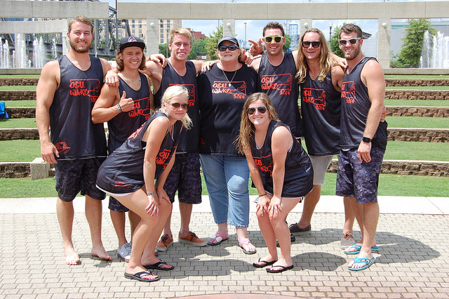 (front, left) Avery Sawyer, Shelby Gillian, (back, left) Garrett Black, Brooks Thompson, Matt McCaleb, team adviser Dr. Donna Lindenmeier, Reid Paxton, Robert Dunlap and Patrick Williamson pose while attending the Wakeboard Collegiate Nationals in Shreveport, La.