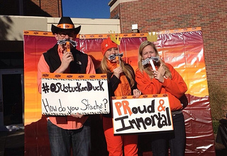 Oklahoma State University School of Media and Strategic Communications students Mason Waldvogel, Andi Fagan and Annie Scheffe hosted a tail gate as part of their public relations campaign.