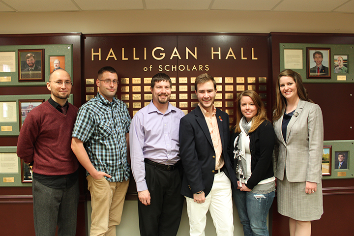 Among the many students honored in the Halligan Hall of Scholars are, from left to right, Ariel Leff, Udall Scholarship; Jared Whittington, Henry Clay Statesman Scholarship; Scott Wise, Goldwater Scholarship; Logan Scott, Washington Internship for Students in Engineering Fellowship; Rosa Yorks, Goldwater Scholarship; Cortney Cowley, Truman Fellowship & Udall Scholarship.