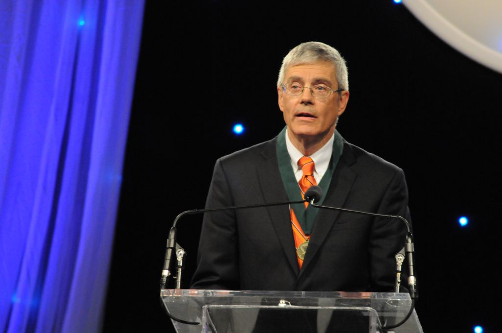 Richard Bunce, chemistry professor at Oklahoma State University in Stillwater, accepts the Oklahoma Medal for Excellence in Teaching at a Research University during the 27th annual Oklahoma Foundation for Excellence Academic Awards Banquet in Oklahoma City. The prestigious award is presented to only one Oklahoma educator at the research university level. The Academic Awards Banquet, which featured a keynote address by Pulitzer Prize-winning journalist Thomas Friedman, will be televised statewide at 8 p.m. Saturday, May 25, on OETA. (Photo by David Wheelock)