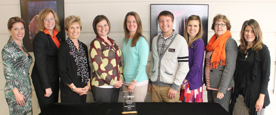 Pictured are: Kendra Milligan, BlueCross BlueShield of Oklahoma Jamie Payne, OSU Human Resources Mary Talley, OSU Department of Wellness Shelby Morris, OSU Human Resources Amy Hoy, OSU Human Resources Preston Nesemeier, OSU Department of Wellness Tabi Deal, OSU Department of Wellness Anne Matoy, OSU Division of Administration and Finance Kerrie Cook, BlueCross BlueShield of Oklahoma.