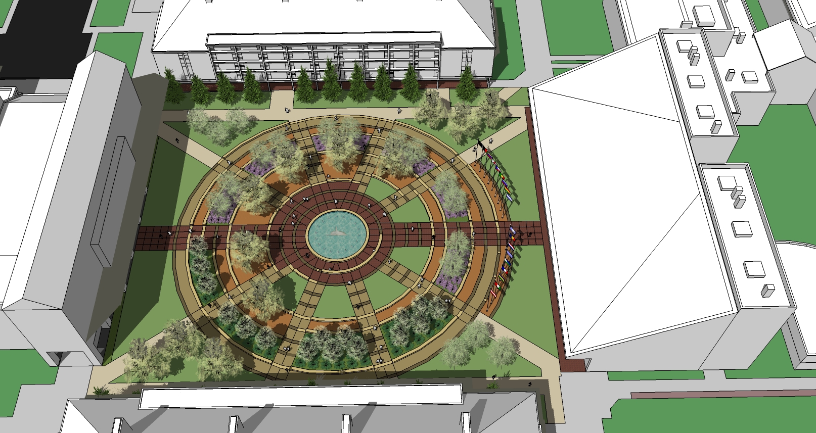 Rendering of an aerial of the International Plaza north of the Library.
