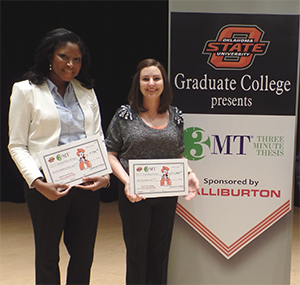 Brittany Bolt (left) and Amanda Curtis were the top winners in the OSU Three Minute Thesis Competition (3MT®) sponsored by Halliburton.