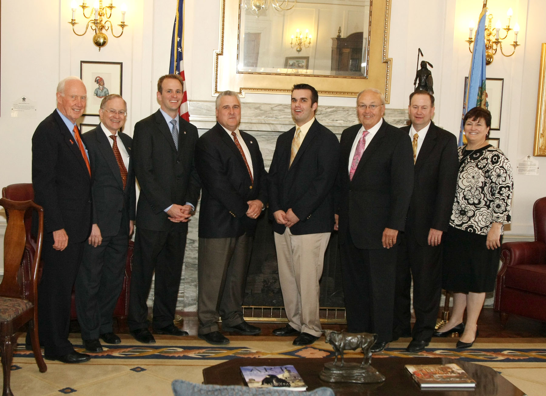 Udall and Truman Scholar Blake Jackson (5th from left) is pictured with State Senator Jim Halligan, former Stillwater City Councilor Tom Dugger, State Representative Cory Williams, State Senator Mike Schulz, (Jackson) State Senator Richard Lerblance, State Senator Eddie Fields and State Representative Lee Denney. Jackson an Oklahoma State University junior from Hartshorne, Okla. was surprised with the announcement he had received the two national scholarships while working as an intern at the State Capitol. The agribusiness major is the first OSU student to receive both scholarships in the same year. He is the 16th OSU student selected for the Truman honor. The university was Oklahoma’s inaugural Truman Honor Institution.