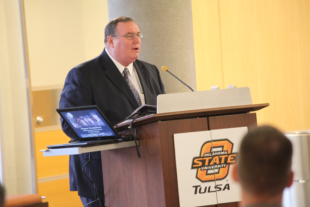 OSRHE Chancellor Glen Johnson outlines the state regents' goals for the upcoming legislative session at a luncheon held at OSU-Tulsa on Thursday.
