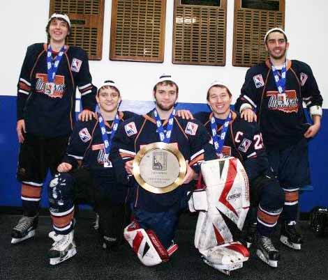 Three OSU students helped the Oklahoma City Oil Kings take home the gold after winning a national championship hockey tournament in Lansing, Mich. last week. Pictured, from left to right, are Ben Dillman, OKC Community College; Anthony Stancampiano, Oklahoma City University and OSU’s own Will Ryan, Josh Gleason and Michael Dunford.