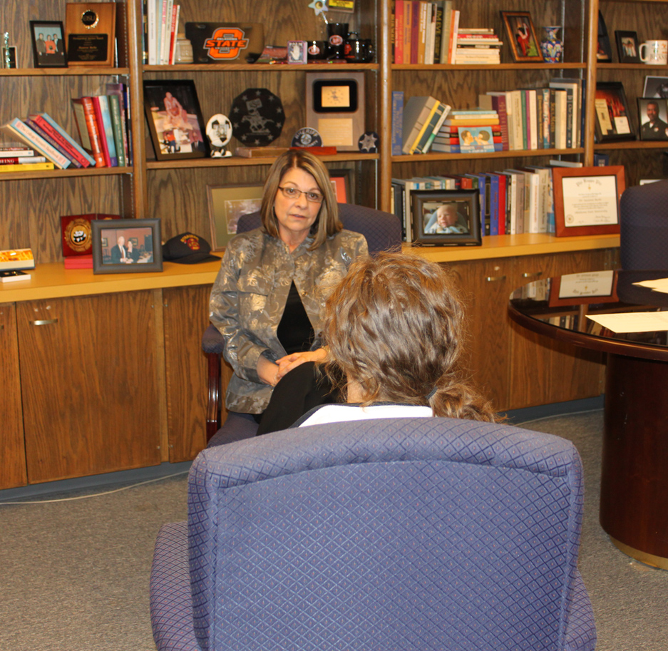 OSU University Counseling Services (UCS) Director Suzanne Burks meets with a student in her office. One-on-one counseling is just one of the many ways UCS serves the OSU campus on a daily basis. UCS was recently re-accredited by the International Association of Counseling Services, Inc.