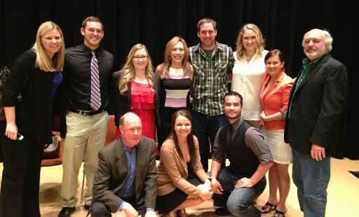 Members and advisors of AWSM@Oklahoma State visit with ESPN’s Linda Cohn. Pictured are (top row, from left) advisor Gina Mizell, Jace Chilcoat, Kelsey Thomas, Cohn, Shane Hoffman, Corbyn Wheeler, Kelli Grashel and advisor Ray Murray; (front row, from left) advisor Mike Sowell, Katie Parish and Michael Ergas.