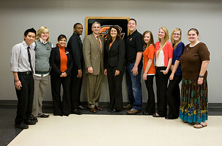 OSU alumna and donor Martha Burger, center, is flanked by OSU-OKC Acting President Dr. Jay Kinzer and student leaders on the OSU-OKC campus today following a $500,000 gift announcement from the Chesapeake executive that will benefit OSU-OKC students and OSU FFA leaders.