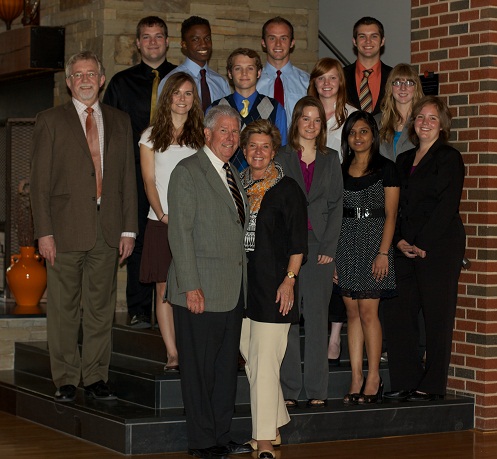 Dr. John and Heidi Niblack (front, center) with the 2011-12 Niblack Research Scholars. (second row, L to R) Kelsie Brooks, Mrinalini Patil, Mackenzie Jochim (third row, L to R) Dr. Stephen McKeever, OSU’s VP for research, Brandi Gallaher, Benjamin DeWeese, Kayla Davis, Chelsea Fortenberry (back row L to R) Jared Austin, Daniel Osagie, Grant Tinsley and Zachary Sheffert (not pictured: Kara Miller)