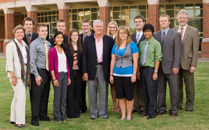 Pictured with Dr. and Mrs. Niblack and Dr. Stephen McKeever are the 2010-11 Niblack Research Scholars. (front row, L to R) Heidi Niblack, Thomas Wright, Sarah Firdaus, Connie Yearwood, Dr. John Niblack, Rosalina Yorks and James Le. (back row, L to R) Jacob Stockton, Clifton Woods, Josh Damron, Danielle Hentges, Josiah Couch, Jared Pembrook and Dr. Stephen McKeever.