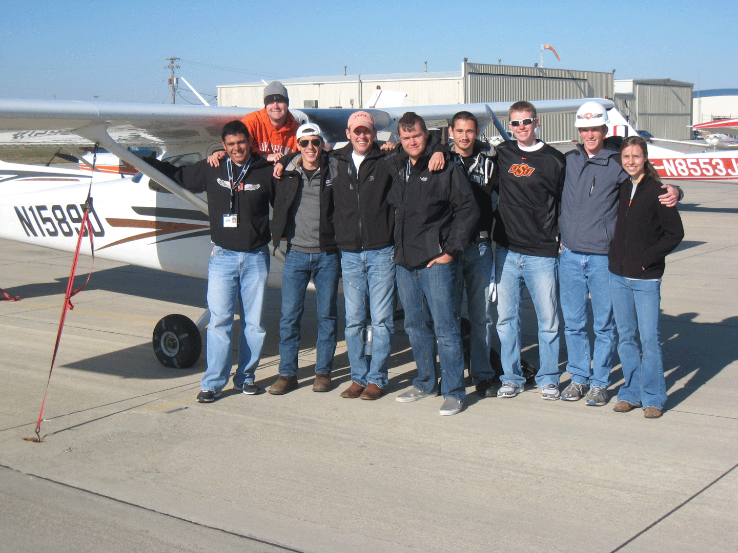OSU Flying Aggie Flight Team members include (l-r) Jay Maldonado, Max Ringo, Jared Jacobs, Taylor Wilson, Ben Wilson, Ryan Lawler, Michael Parisi, Jake Akin, Hannah Schlesinger.
