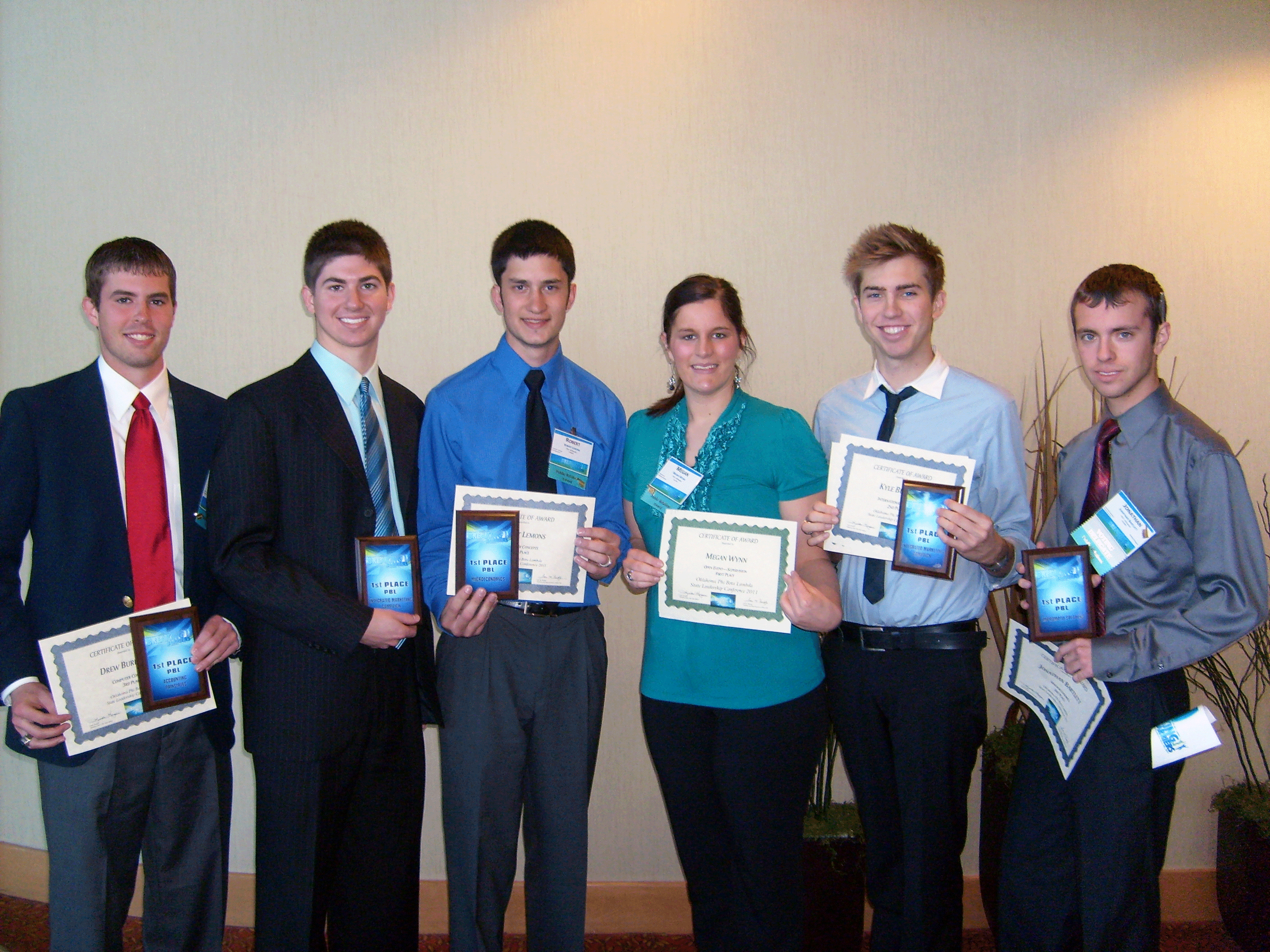 (From left to right) Oklahoma State University students Drew Burkhart, Mark Fiegener, Robert Lemons, Megan Wynn, Kyle Buthod and Jonathan Bartlett recently excelled at the 2011 State Leadership Conference for Oklahoma Future Business Leaders of America – Phi Beta Lambda. They all qualified to compete at the National Leadership Conference in Orlando, Fla., this June.