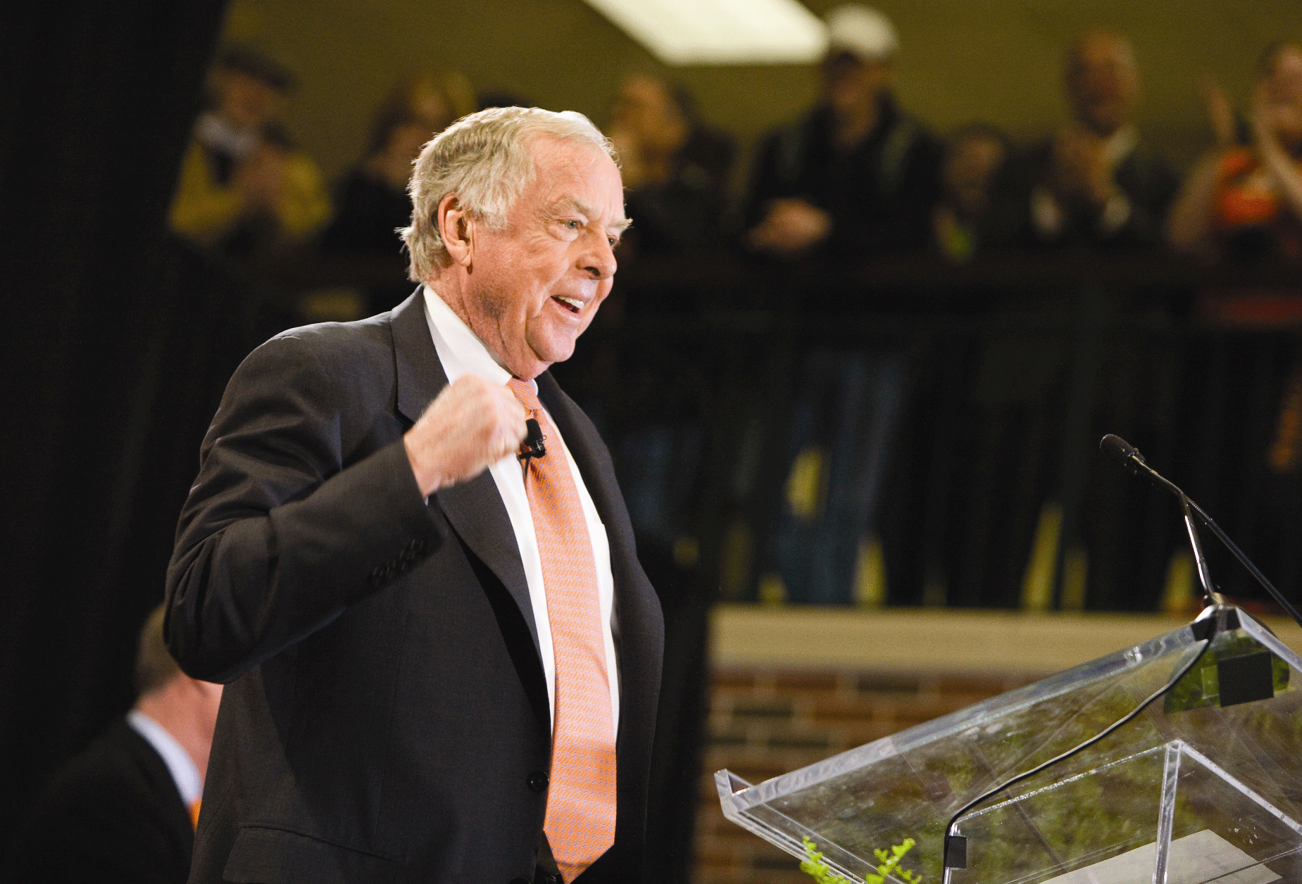 Energy leader and Oklahoma State University alumnus T. Boone Pickens announces a $100 million donation to Branding Success: The Campaign for Oklahoma State University on Feb. 26, 2010. Pickens’ gift created the Pickens Legacy Scholarship Match, which has led to $191.5 million in commitments for student support.