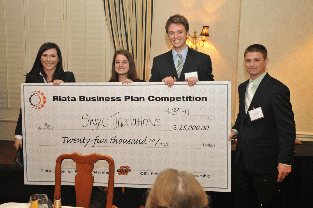 Styro Insulation is this year's winner of Oklahoma State University's Riata Business Plan Competition and $25,000. The team consisted of OSU students (from left to right) Lynsie Morris, Jodie Navarre, Max Whitemyer and Cale Hyer.