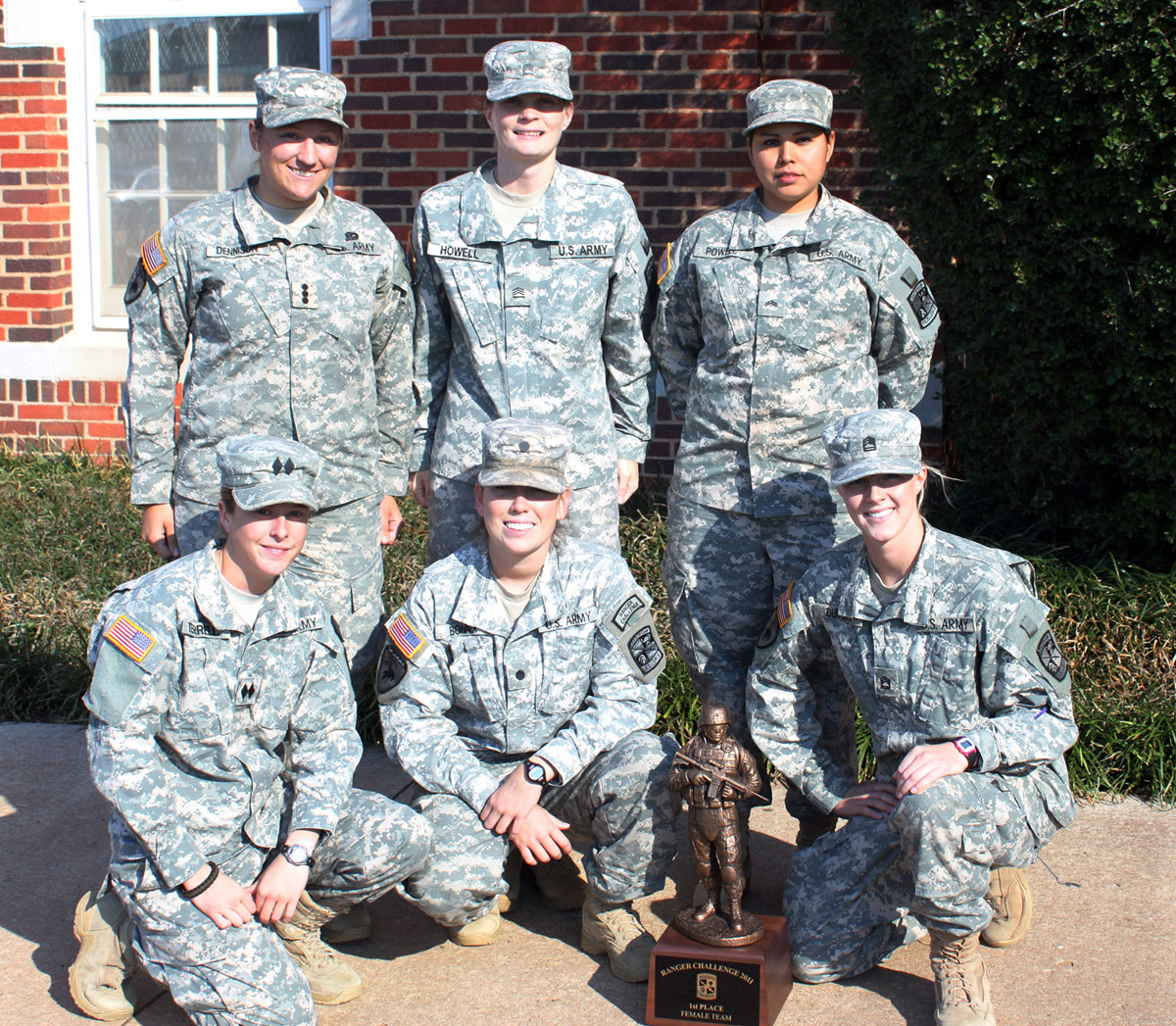 The Oklahoma State University ROTC female team members (front row, left to right) Cathy Terrell, Emily Bonner, Magen Duncan, (back row, left to right) Sharon Dennison, Alicia Howell, Korrie Powell, not pictured Kelsea Schultz placed first place overall in the annual Ranger Challenge Competition held recently at Camp Gruber near Muskogee. The competition included eight other schools from Oklahoma and Arkansas. The OSU male team placed third overall.