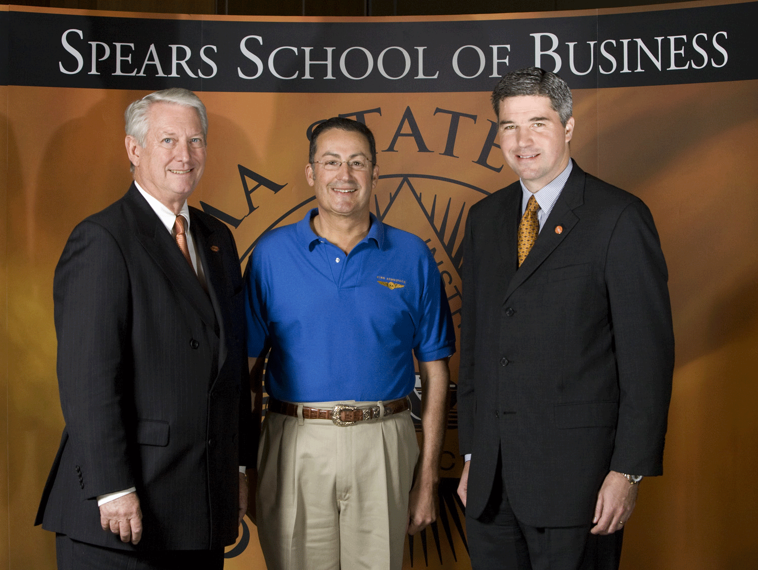 Leading executives (from right) Paul Cornell of SpiritBank, Jerry King of King Aerospace Inc., and Tucker Link of Knightsbridge Investments Ltd. came to Oklahoma State University on Tuesday, April 5 to discuss challenges facing the business world in the 21st century.