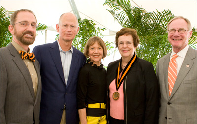 From left: Stephan Wilson, Dean of Human and Environmental Sciences, Carl Thoma, Marilyn Thoma, Barbara Stoecker and OSU President Burns Hargis