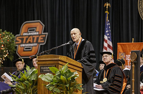 Legendary astronaut and native Oklahoman Thomas Stafford addressed graduates Saturday at Oklahoma State University’s 127th Commencement at Gallagher-Iba Arena. OSU awarded Stafford an honorary doctor of science degree for his contributions to space flight and aviation.