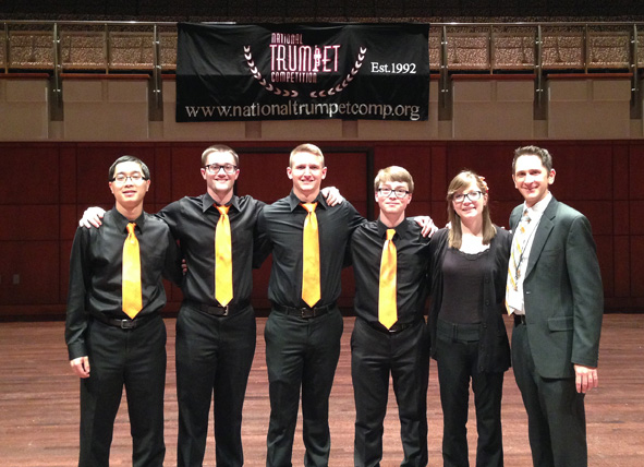 OSU Trumpet Ensemble Orange, pictured after winning first place at the recent National Trumpet Competition, includes Cleon Chai, Nick Doutrich, Matt Register, Tyler Murray, Natalie Upton, and Dr. Ryan Gardner, director.